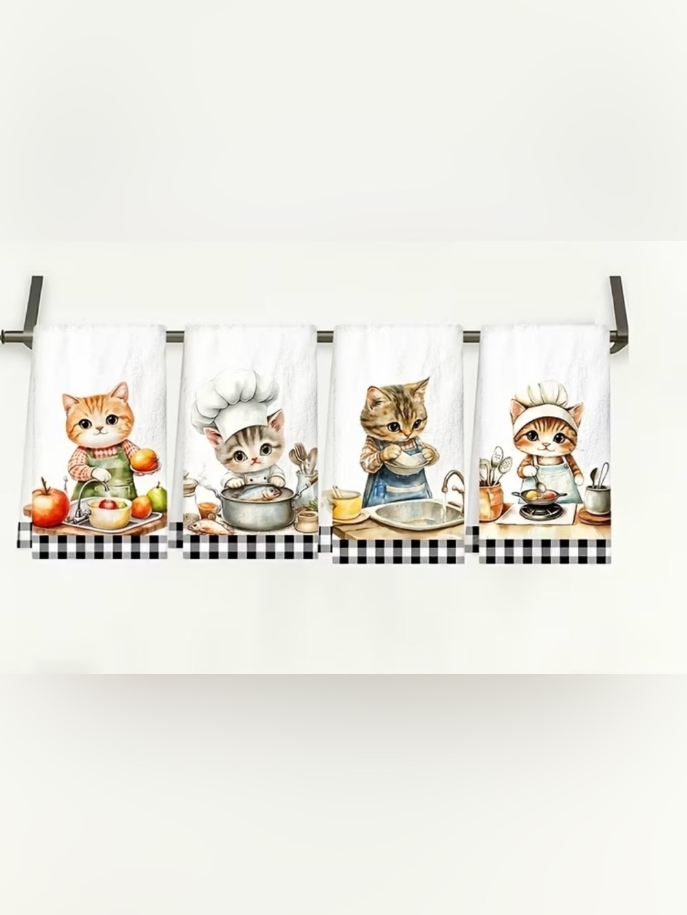 4 Pcs Cute Kitten Chef Kitchen Towels Black White Buffalo Check Decorative Hand